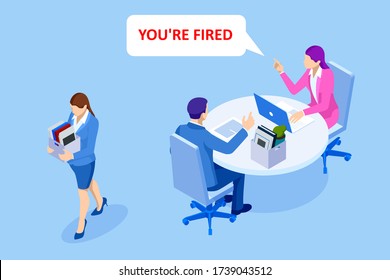 Unemployment, loss job, crisis, jobless and employee job reduction. Dismissed sad man carrying box with her things. Isometric vector illustration