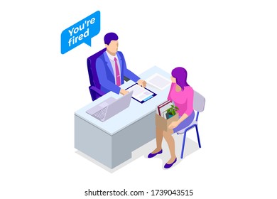 Unemployment, loss job, crisis, jobless and employee job reduction. Dismissed sad man carrying box with her things. Isometric vector illustration