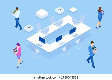 Unemployment, loss job, crisis, jobless and employee job reduction. Dismissed sad man carrying box with her things. Isometric vector illustration