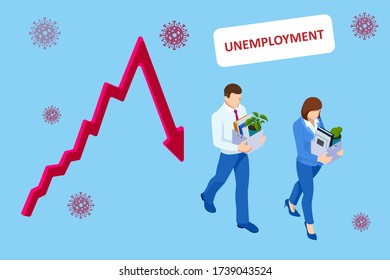 Unemployment, loss job, crisis, jobless and employee job reduction. Dismissed sad man carrying box with her things. Isometric vector illustration