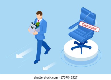 Unemployment, loss job, crisis, jobless and employee job reduction. Dismissed sad man carrying box with her things. Isometric vector illustration