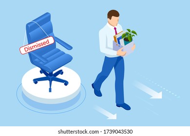 Unemployment, loss job, crisis, jobless and employee job reduction. Dismissed sad man carrying box with her things. Isometric vector illustration