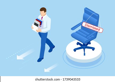 Desempleo, pérdida de empleo, crisis, desempleo y reducción del empleo de los empleados. Hombre triste desechado cargando una caja con sus cosas. Isometric vector ilustración