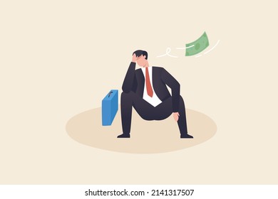 Unemployment, loss a job, failure, worry or stress.
Financial mistakes, poverty, or bankruptcy. Sad businessman sitting with a briefcase.