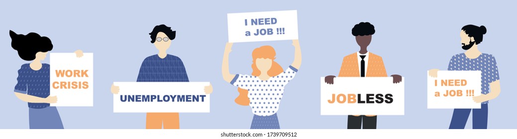 Unemployment, the lost job concept vector. White and Afro American people  holding signs - need a job, unemployment, jobless, work crisis. Drawn by the people at the meeting