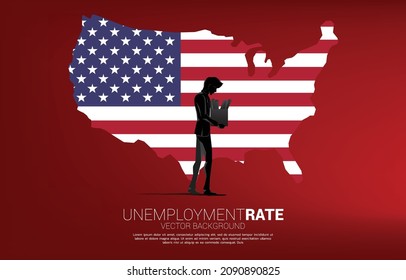 Unemployment Man Walk Away With United States Of America Map And Flag. Business Concept For Jobless Rate In America.