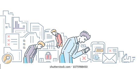 Unemployment - modern flat design style colorful illustration on white background. An image of young tired specialists looking for a job, checking their phones, chatting with employers