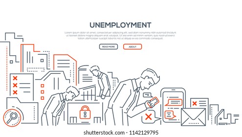 Unemployment - modern line design style illustration on white background with place for your text. An image of young tired specialists looking for a job, checking their phones, chatting with employers