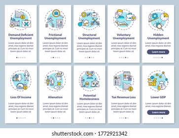 Unemployment onboarding mobile app page screen with concepts set. Job finding issues, global labor crisis walkthrough five steps graphic instructions. UI vector template with RGB color illustrations
