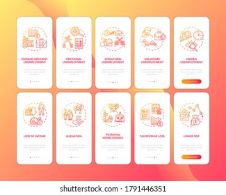 Unemployment onboarding mobile app page screen with concepts set. Mass joblessness problem walkthrough five steps graphic instructions. UI vector template with RGB color illustrations