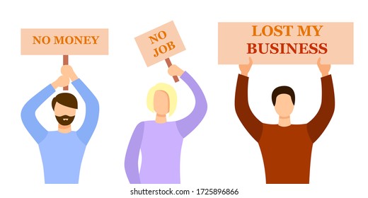 
Unemployment. People are standing with posters that say no work no money. People were left without work. Got fired. loss job from Coronavirus crisis COVID-19. Need a Job and Money.