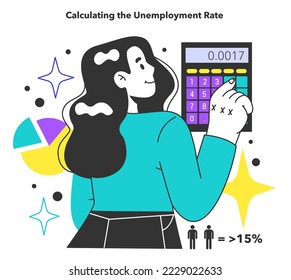 Unemployment rate calculating. Economy theory. Social problem of occupancy, job offer and workplace shortening. Flat vector illustration