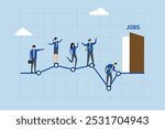 Unemployment rate, Entrepreneurs stand in line on a graph of unemployment, seeking employment opportunities.