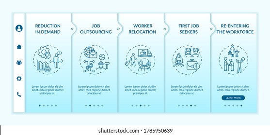 Unemployment reasons onboarding vector template. Reduction in demand, job outsourcing, workers relocation. Responsive mobile website with icons. Webpage walkthrough step screens. RGB color concept