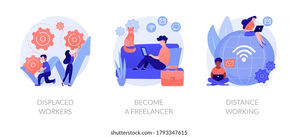 Unemployment and remote job opportunities abstract concept vector illustration set. Displaced workers, become a freelancer, distance working, entrepreneurship online, digital nomad abstract metaphor.