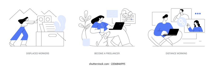 Unemployment and remote job opportunities abstract concept vector illustration set. Displaced workers, become a freelancer, distance working, entrepreneurship online, digital nomad abstract metaphor.