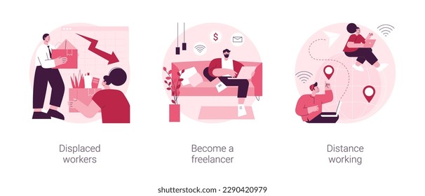 Unemployment and remote job opportunities abstract concept vector illustration set. Displaced workers, become a freelancer, distance working, entrepreneurship online, digital nomad abstract metaphor.