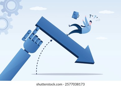 Unemployment, robot with ai replace human. Decline of business from new technologies and innovations. Betrayal, conflict interests. Arrow points down and businessman falls down. vector illustration