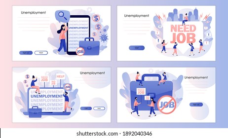 Concepto de problema social del desempleo. Pequeñas personas desempleadas buscando trabajo. Plantilla de pantalla para teléfono móvil inteligente, página de inicio, plantilla, ui, web, aplicación móvil, afiche, banner, volante. Vector 