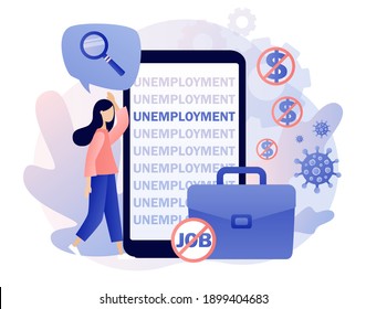 Unemployment - text on smartphone screen. Social problem concept. Tiny woman unemployed looking for job. Economic crisis, business closed, workplace shortening. Modern flat cartoon style. Vector 