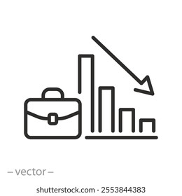 unemployment trends analysis icon, graph down with work bag, thin line web symbol on white background - editable stroke vector illustration