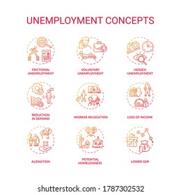 Unemployment type red gradient concept icons set. Potential homelessness. Lower gross domestic production. Economic issue idea thin line RGB color illustrations. Vector isolated outline drawings