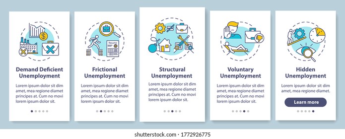 Unemployment types onboarding mobile app page screen with concepts. Job crisis, labor market problem walkthrough five steps graphic instructions. UI vector template with RGB color illustrations