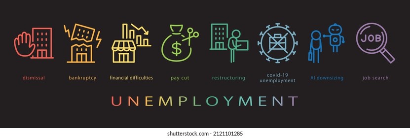 Unemployment Vector Icon Set. Neon Color On Black Background.