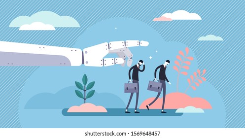 Unemployment vector illustration. Flat tiny job loss scene persons concept. Work problem with robot competition in human occupations. Business crisis and optimization with technological improvement.