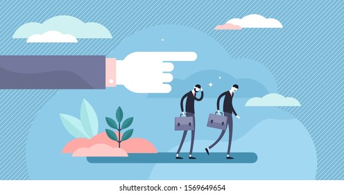 Unemployment vector illustration. Flat tiny job loss scene person concept. Career crisis or kick from work process visualization. Emotional and economical frustration after dismissal company rejection