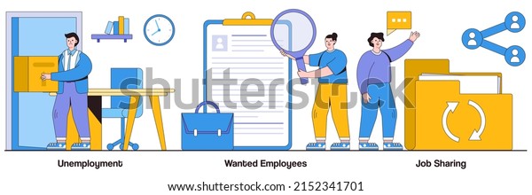 Unemployment, wanted employees, job sharing\
concepts with people characters. Job search vector illustrations\
pack. We are hiring, open vacancies, work schedule, join our team,\
responsibility\
metaphor.