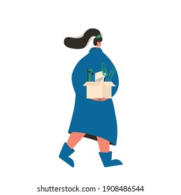 Unemployment. Woman with cardboard box of stuff. Fired manager going isolated on white background. Vector flat illustration. 
