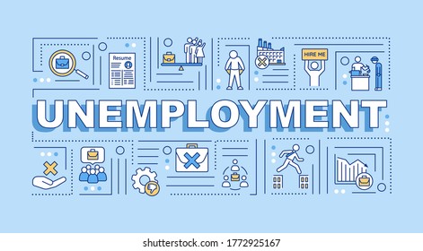 Unemployment word concepts banner. Labor market crisis infographics with linear icons on blue background. Lack of jobs, employment issues. Isolated typography. Vector outline RGB color illustration