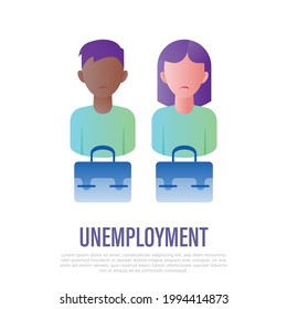 Unempoyment: Depressed Woman And Man With Briefcases. Gradient Icon. Job Seeker. Economic Crisis. Vector Illustration.