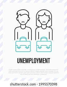 Unempoyment: Depressed Woman And Man With Briefcases. Thin Line Icon. Job Seeker. Economic Crisis. Vector Illustration.