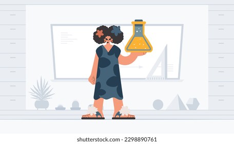 Unending lady holding chemical carafe, learning point. Trendy style, Vector Illustration