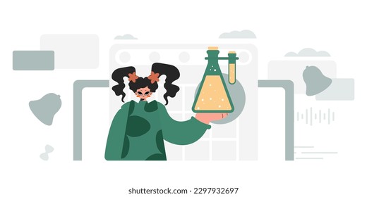 Unending woman holding chemical carafe, learning point. Trendy style, Vector Illustration