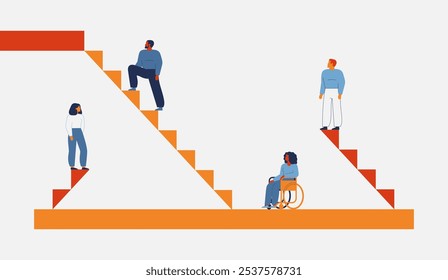 Desigualdade de oportunidades de carreira para pessoas com deficiência nos negócios. Discriminação e disparidade na promoção de mulheres afro-americanas em cadeiras de rodas com problemas de mobilidade. Ilustração vetorial