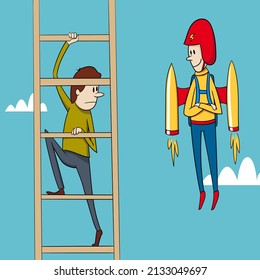 Unequal competition concept. Man on a rocket chasing another on the ladder