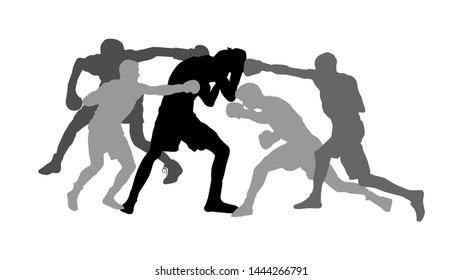 Unequal fighting vector silhouette. Alone against all, unfair hooligans fight. Angry terror. Street hitting and punching, bully crew abused man. Initiation to enter in gang. Cruel brutal punishment.