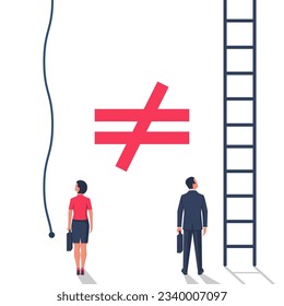 Unequal forces. Sign of inequality between a man and a woman. Unequal starting position concept of gender equality. Vector illustration flat design. Discrimination of women. Feminism concept.