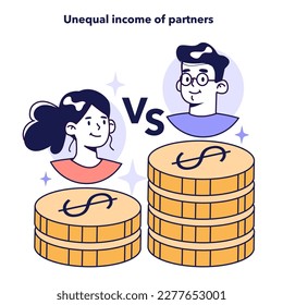 Unequal income of partners make it difficult to manage a mixed family budget. Partners earnings and expenses accounting. Financial efficiency and budgeting of modern couple. Flat vector illustration