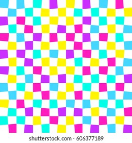 Unequal multicolor checks, abstract colorful checkered background. Vector illustration. Seamless vector pattern. Opt Art. Bright neon colors.