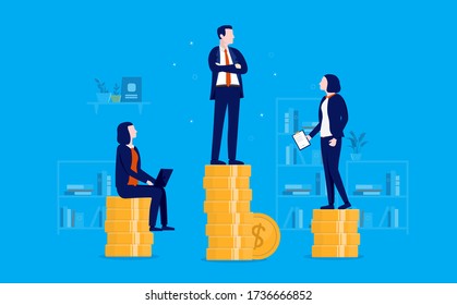 Unequal pay for equal work - Man earning more money than the women, standing on coin stack of different hight. Gender treatment, sexism, discrimination and inequality concept. Vector illustration.