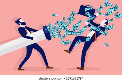 Unequal pay and salary - Businessman degrading colleague by spraying money in his face.  Earning to much, income difference and inequality concept. Vector illustration.