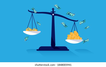 Unequal Pay - Weight Scale With Money, Showing Different Salary And Amount Of Money. Inequality And Unfair Concept. Vector Illustration.