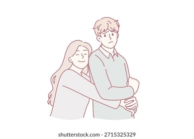 Concepto de relaciones y sentimientos desiguales. Pareja joven de pie que está amando abrazando el hombre deprimido y frustrado Ilustración vectorial