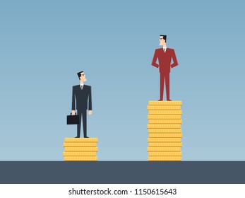 Unequal Salary Concept Of Two Businessmen Standing On Golden Coin Stacks In Flat Icon Design With Blue Color Background