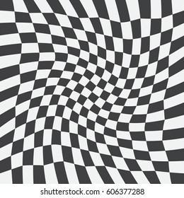 Unequal twisted checks, abstract checkered background. Vector illustration. Background with black and white checkered racing flag. Opt Art.