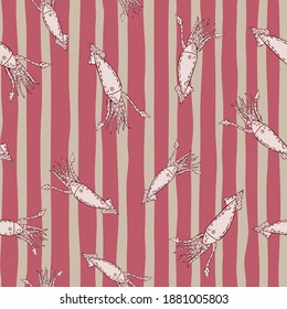 Unerwater seamless random pattern with light squid elements. Pink striped background. Decorative backdrop for fabric design, textile print, wrapping, cover. Vector illustration